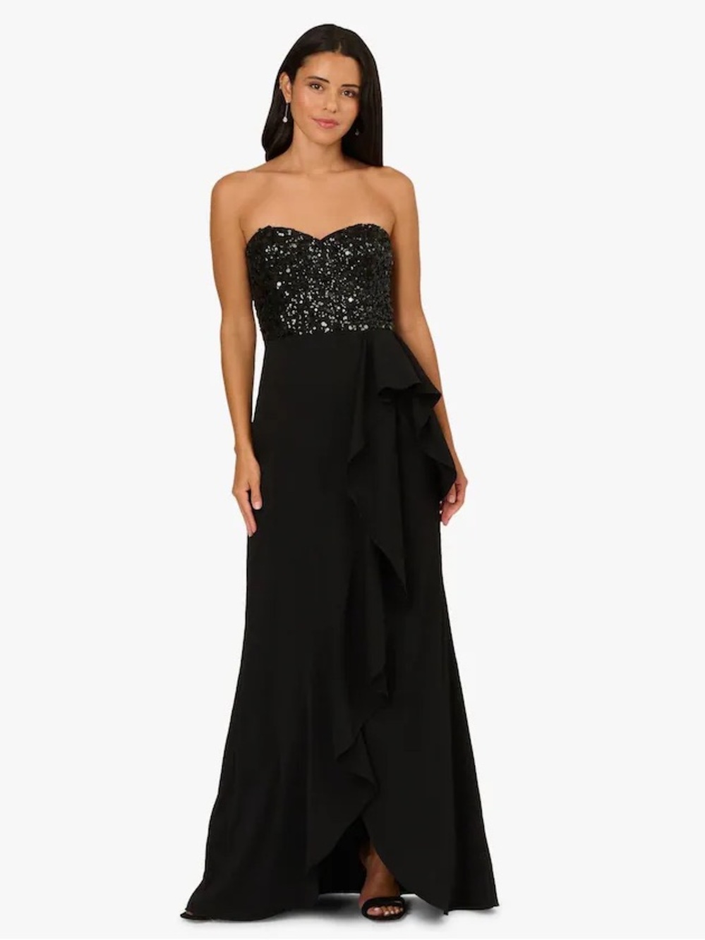 Adrianna Papell Strapless Sequin Ruffle Combo Gown Dress Size 10 Black